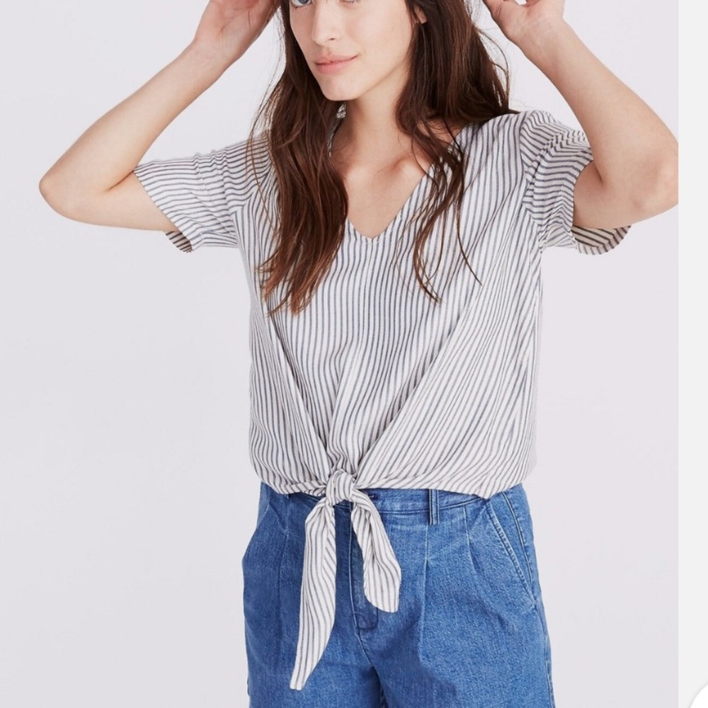 MADEWELL Beach BBQ Casual Boho Stripe V-Neck Cropped Tie Front Short SLV Top L